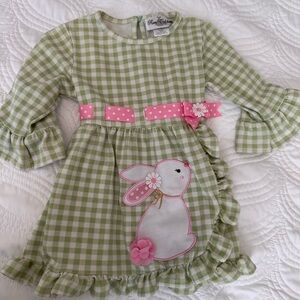 Rare Editions Sz. 4T  Green Gingham Dress with Bunny Bow Pink Accents